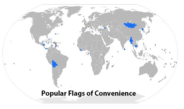 Many ships fly "flags of convenience". This means that they register in whatever country has the most lax and favorable laws. This is also why they are less regulated than most other industries (as we mentioned earlier)