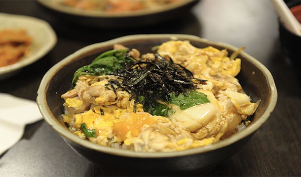 Oyakodon is a Japanese dish that means "parents and kids in a bowl". It's basically chicken and eggs over rice.