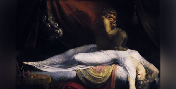 A painting of a person lying on her back