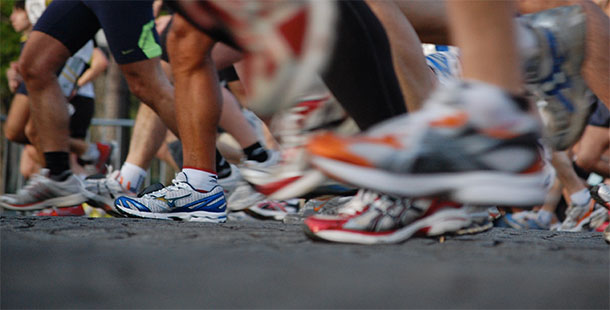 A close-up of marathons running
