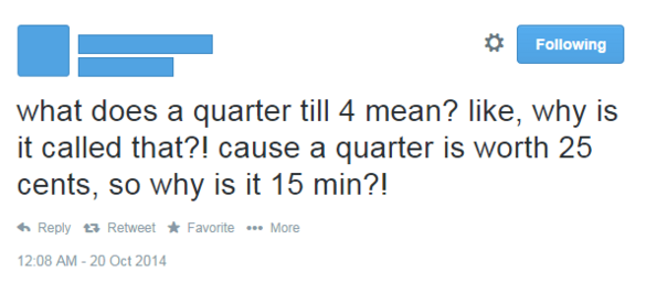 What does a quarter till 4 mean? Cause a quarter is worth 25 cents so why is it 15 minutes?
