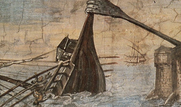 The Claw of Archimedes was an anti-ship weapon designed to basically lift ships and then drop them into the ocean. It was used by the Greeks against the Romans.