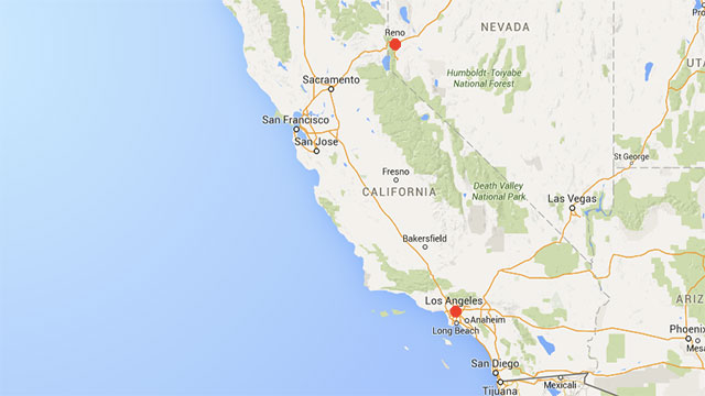 What city is farther west, Reno (Nevada) or LA (California)