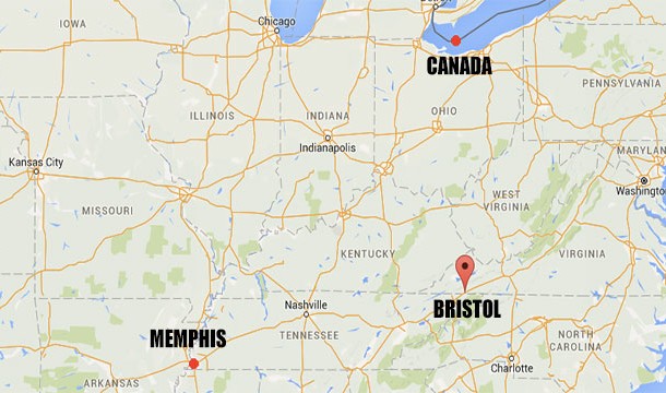 Bristol, Tennessee is closer to Canada than it is to Memphis
