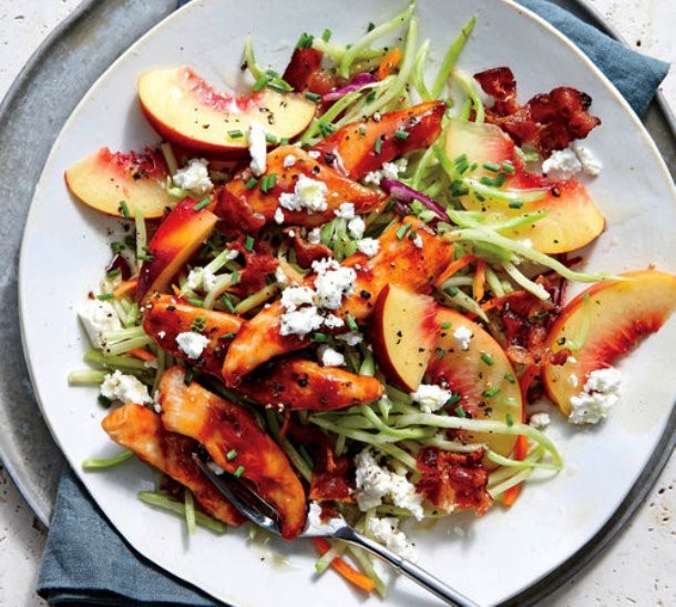 BBQ chicken with peach and feta slaw