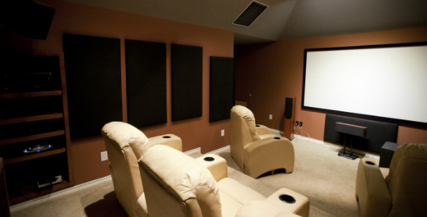 Home features a room with a large screen and chairs