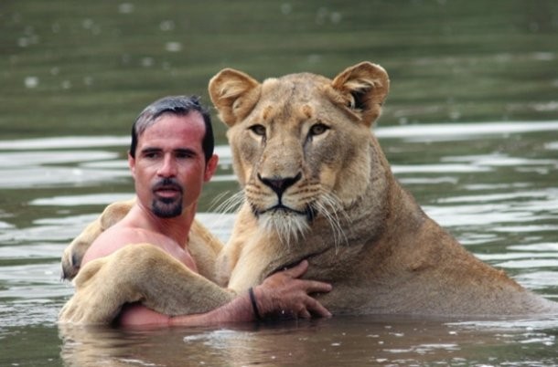 man and lioness