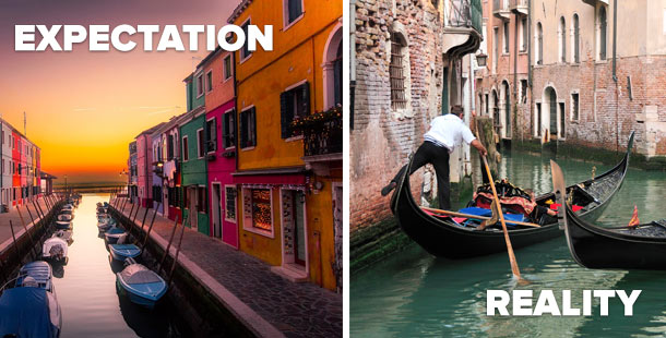 A collage of a travel photo an expectation vs reality