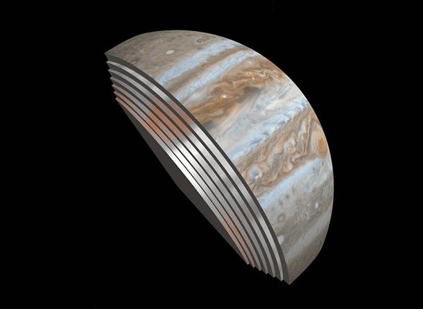 Slice of Jupiter with cloud formations as seen though Juno's Microwave Radiometer (MWR)