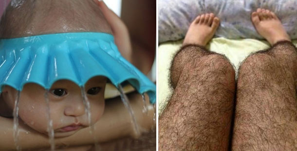 A baby wearing a blue hat and a hairy leg