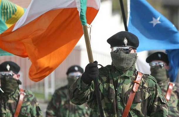 Close Up of IRA member in full cameo holding flag