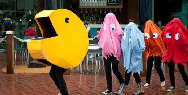 A group of people dressed up as pacman and the ghosts