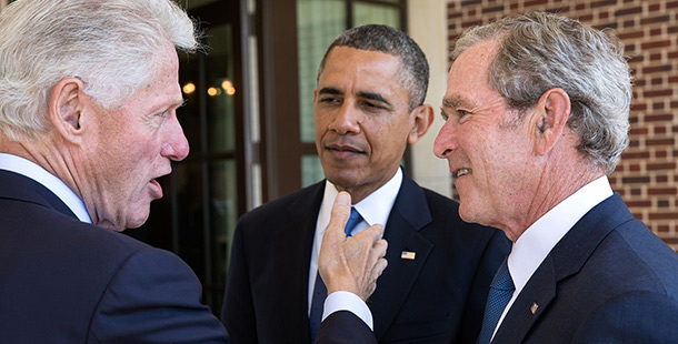 A picture of Bill Clinton, Barack Obama, and George W. Bush together