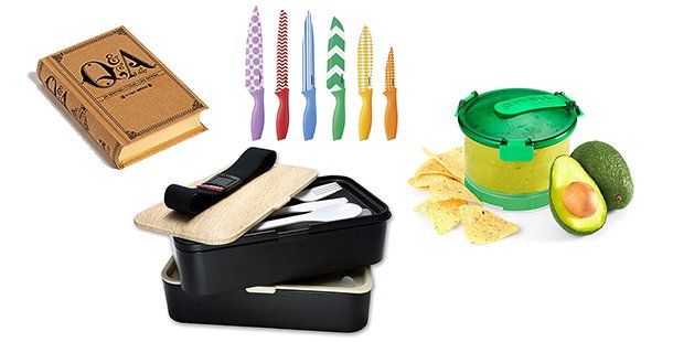 A picture of a journal, lunch box, knife set, and guac container