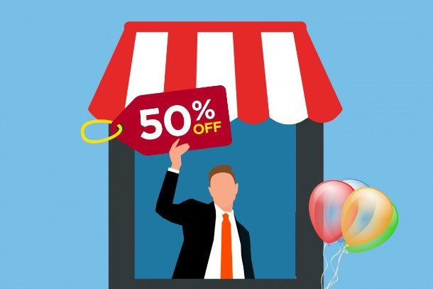 vector image man holding discount sign in store front
