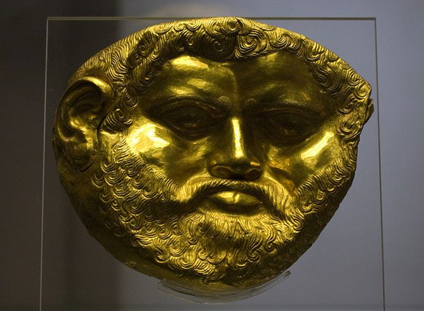 This golden funeral maks was part of the goods discovered in a grave in 2004, during archaeological excavations on the Svetitsata mound near the village of Kran in the Stara Zagora region. A noble Tracian man, aged about fourty, was buried in the grave. According to a local burial rite - usually associated with the Orphism - his body had been dismembered, the grave receiving only fragments from the skull and his legs.  The golden mask weighs 673 grams and images the face of an adult man, with clearly portrayed individual features. It was cast and additionally processed by forging and chiseling. The portrait is dated to the 5th century BC and, so far, the only mask of this kind from this period in Thrace and the Mediterranean area.