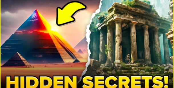 A collage of a pyramid and a stone building hidden secrets