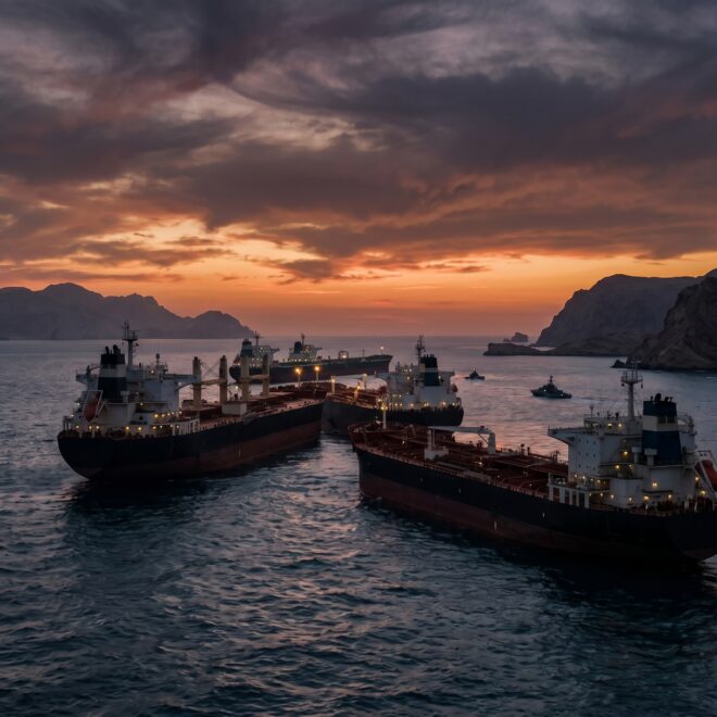 Illustration of commercial ships stalled in the Strait of Hormuz amid the Iran crisis